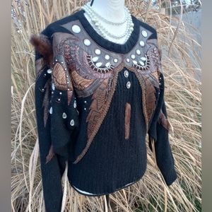 Erez Black & Brown Leather Angora Wool Snakeskin Embellished Sweater